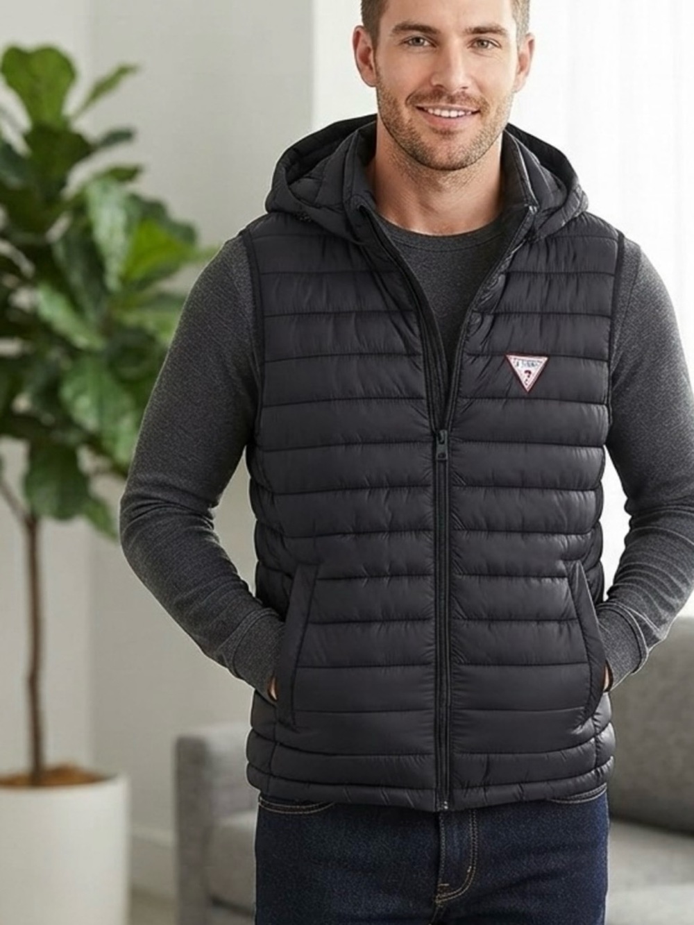 GUESS Men's Black Quilted Hooded Puffer Vest